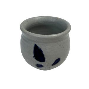 Williamsburg Pottery Salt Crock Votive Tealight Candle Holder Cobalt Leaves 3"